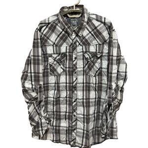 BKE Western Shirt XL Gray White Plaid Pearl Snap Cotton Long Sleeve Rodeo Cowboy
